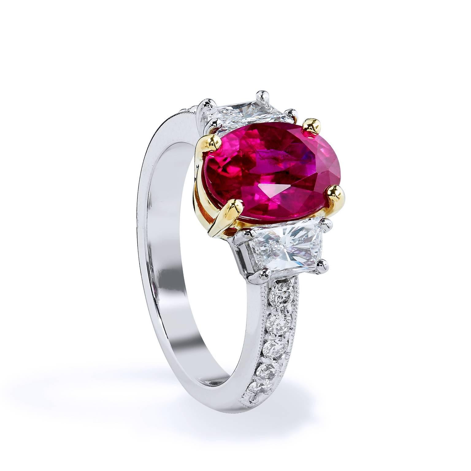 Oval Cut H & H GIA Certified 2.95 Burmese Ruby Diamond Gold Platinum Ring