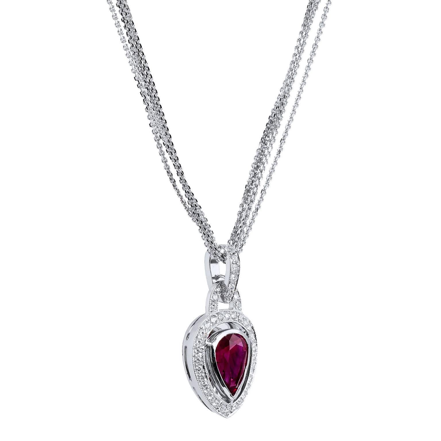 GIA Certified 2.00 Carat Pear Shaped Bezel Set Burmese Ruby Diamond Pendant 

The ruby, a heart-centered gemstone that symbolizes love and vitality, positivity and prosperity. 
Forty-three pieces of round diamonds, weighing 0.27 carats (F/G/VS1),