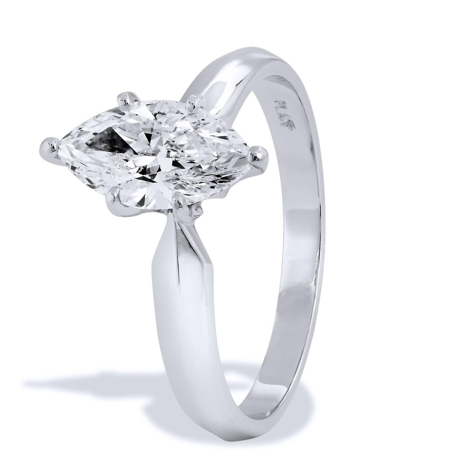 An engagement ring that is stately in appearance but equitable in cost. This engagement ring features a 1.10 carat marquise cut diamond solitaire (E/I1; GIA #1126762482) on a platinum pinched shank. Giving the illusion of a larger diamond- this