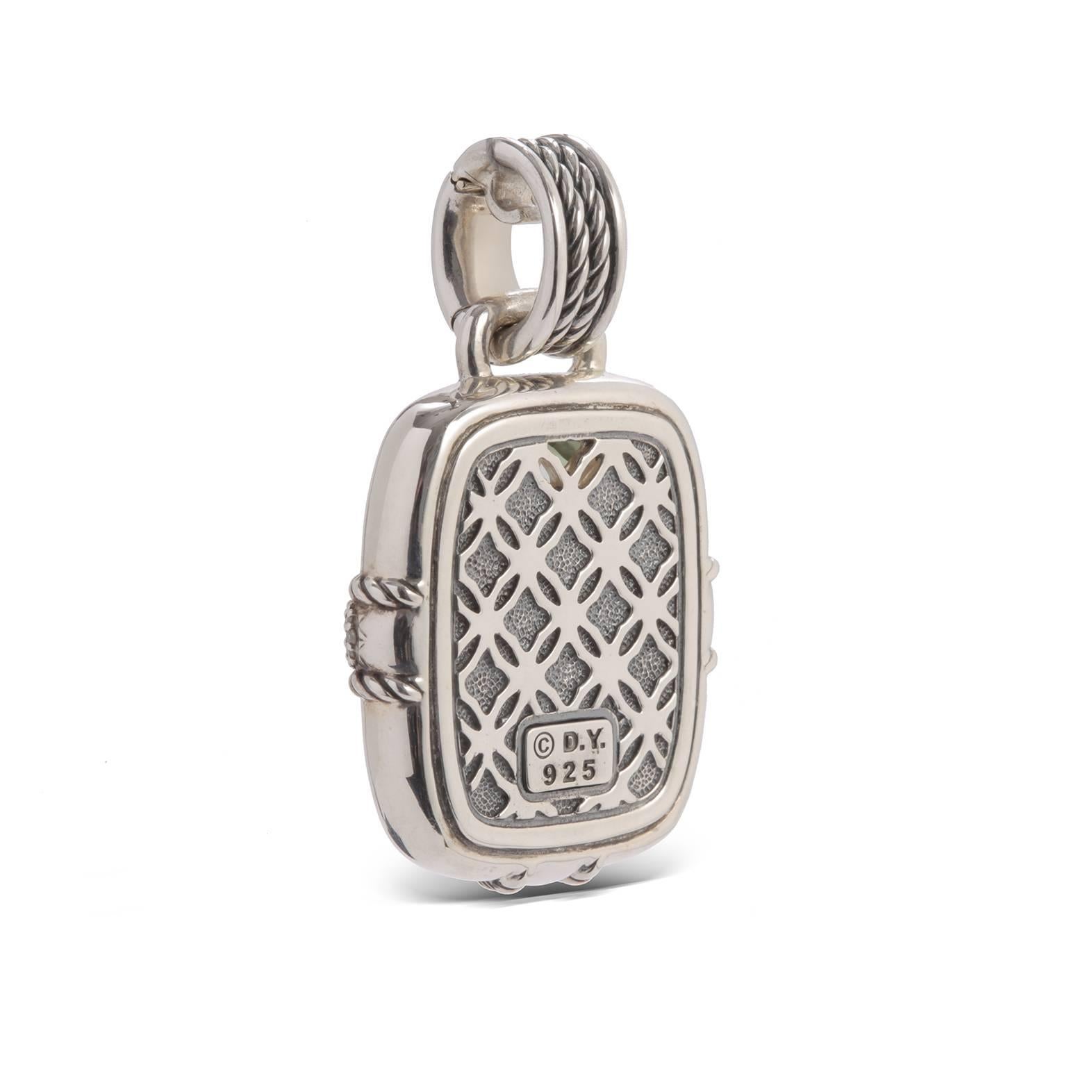Previously loved sterling silver David Yurman pendant featuring a cushion cut and checkerboard prasiolite at center with round brilliant diamonds pave set.

