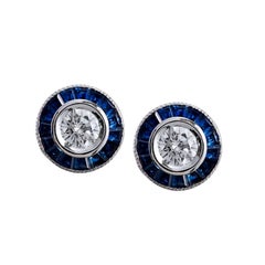 1.15 Carat Caliber Cut Sapphire and Round Diamond Stud Earrings