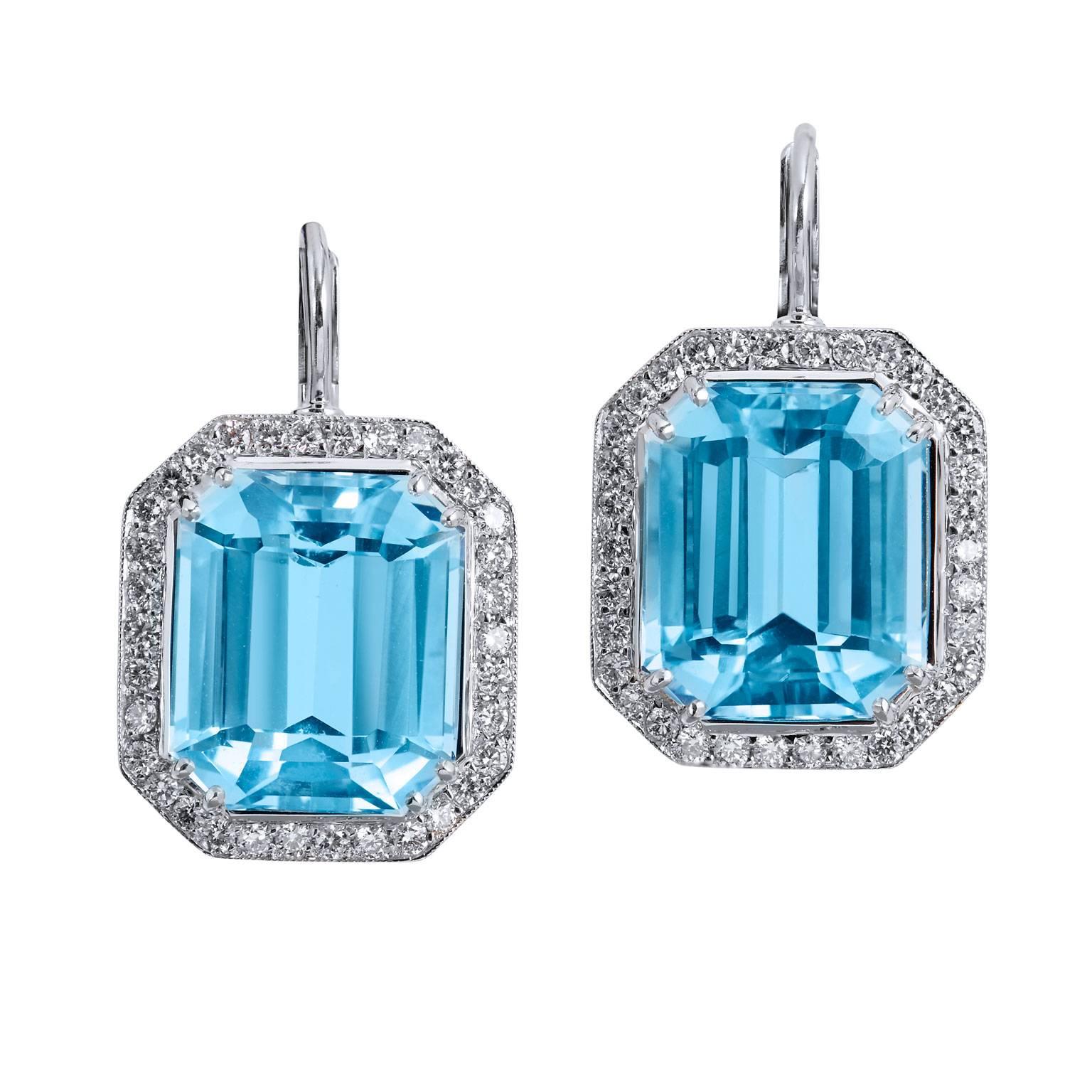 H & H 18.29 Carat Blue Topaz and Diamond Pave Lever-Back Earrings