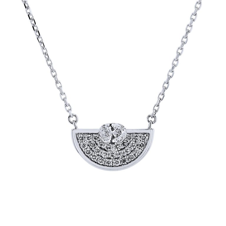Diamond Half Circle 18 Karat White Gold Pendant Necklace For Sale at