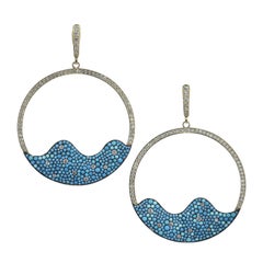 2.26 Carat Crushed Turquoise and Diamond Hoop Earrings