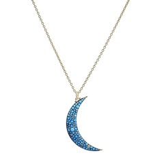 1.10 Carat Crushed Turquoise and Diamond Crescent Moon Pendant Necklace