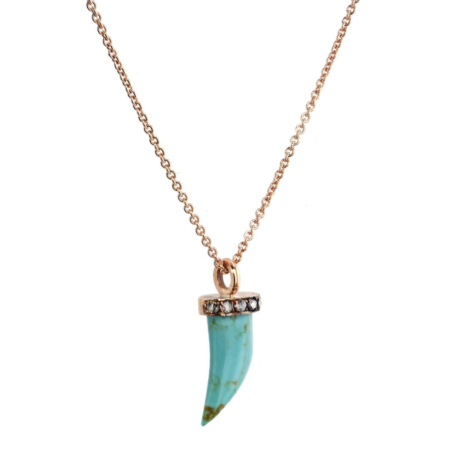 Turquoise Horn with 0.10 Carat Diamond Pave 18 karat Rose Gold Pendant Necklace

This turquoise horn is a one of a kind creation by H&H Jewels.  It hangs elegantly in this handcrafted 18 karat rose gold and 0.10 carat rose cut pave-set diamond