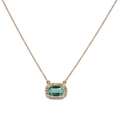 1.62 Carat Sea Foam Green Tourmaline & Diamond Pave Halo 18 k Rose Gold Necklace