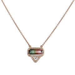 1.45 Bi-Color Tourmaline and Diamond Pave 18 karat Rose Gold Pendant Necklace