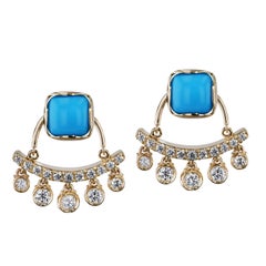 4.65 Carat Cushion Cut Turquoise and Diamond Dangle Enhancer Stud Earrings 14 kt