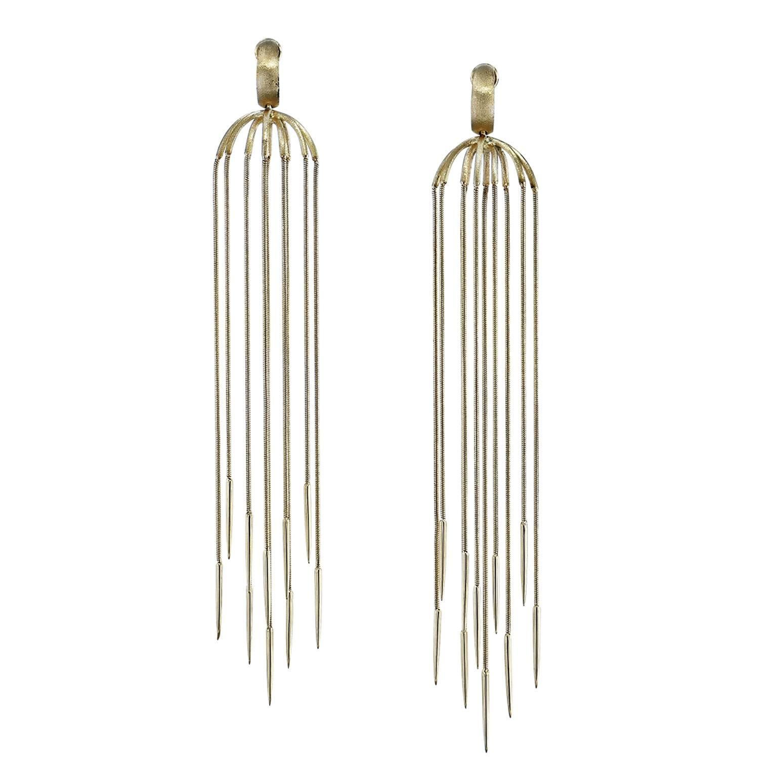 18 Karat Yellow Gold Multi-Chain Spike Design Dangle Earrings