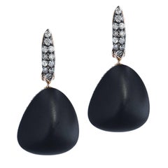 27.03 Carat Black Cabochon Onyx and Diamond Pave Drop Earrings