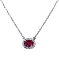 1.05 Carat Oval Thai Ruby & Diamond Halo Pendant 18 karat White Gold Necklace