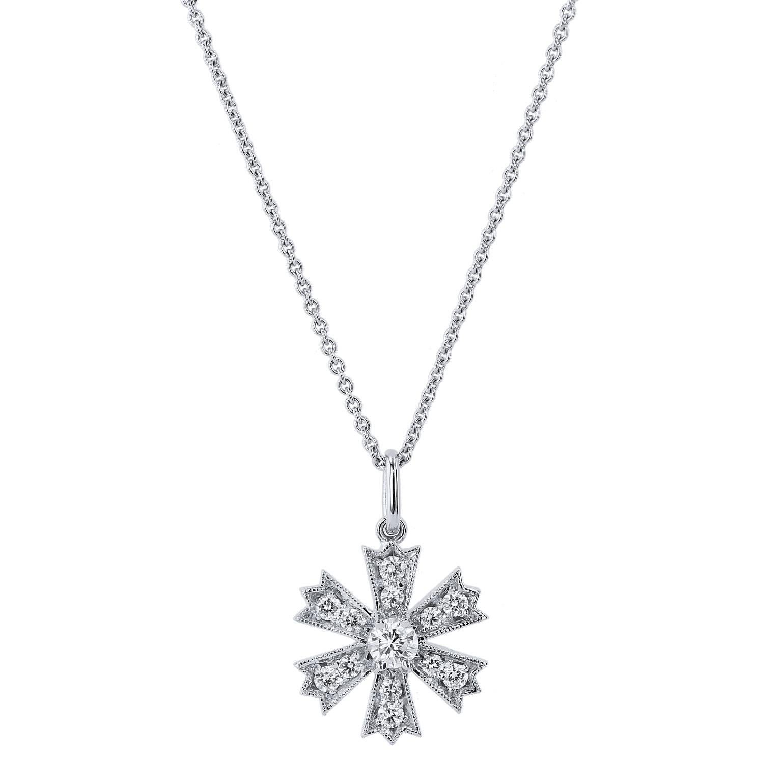 Pendentif fleur en or 18 carats avec pavé de diamants de 0,25 carat en vente