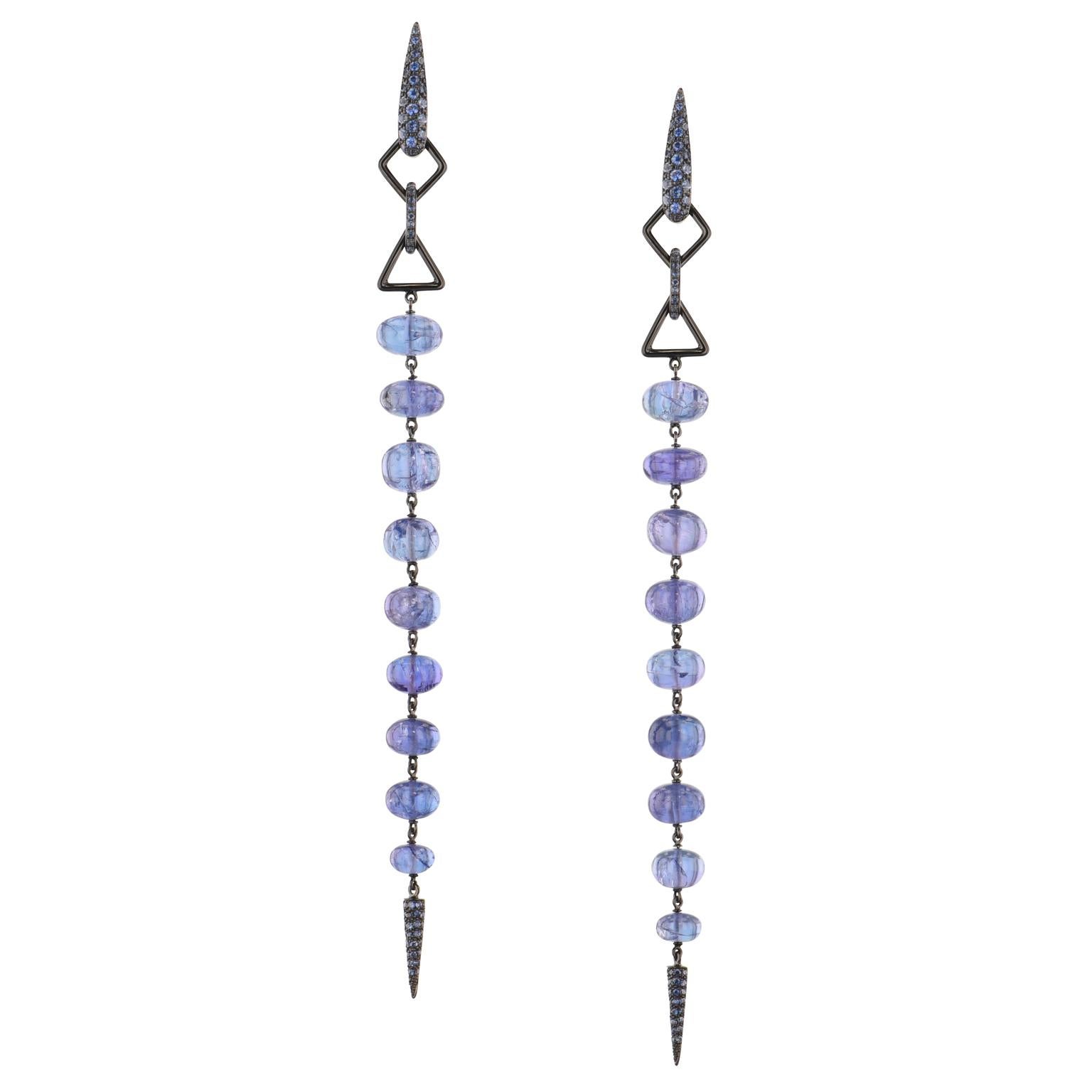 48.48 ct Blue Tanzanite & Sapphire 18 kt Yellow Gold with Black Rhodium Earrings For Sale