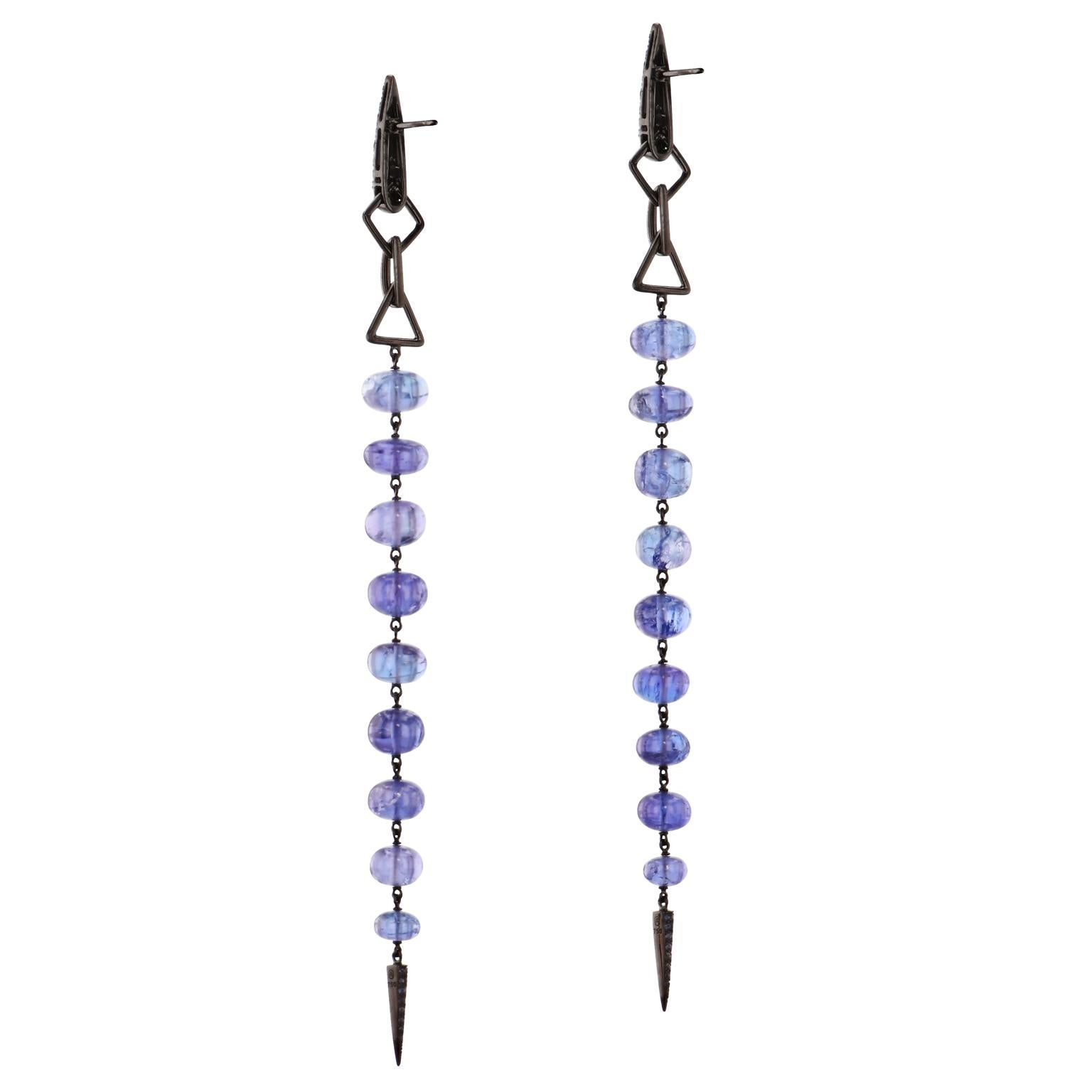 48.48 ct Blue Tanzanite & Sapphire 18 kt Yellow Gold with Black Rhodium Earrings In New Condition For Sale In Miami, FL