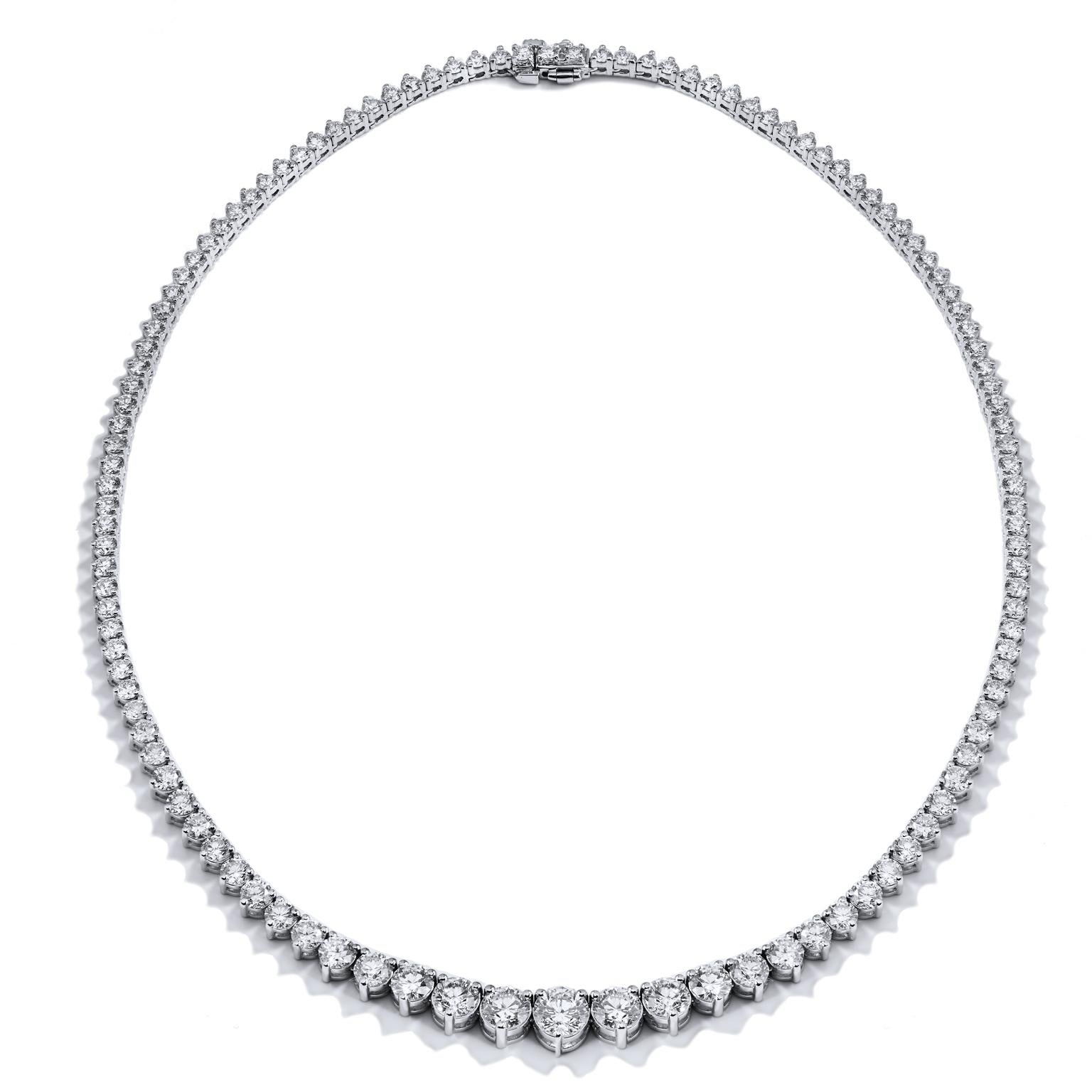 10.13 Carat Diamond Riviera Necklace set in 18 Karat White Gold 16.5 inches Long

A diamond necklace never goes out of style, and neither will this stunning 16.5 inch 18 karat white gold Riviera necklace displaying 138 pieces of round brilliant cut