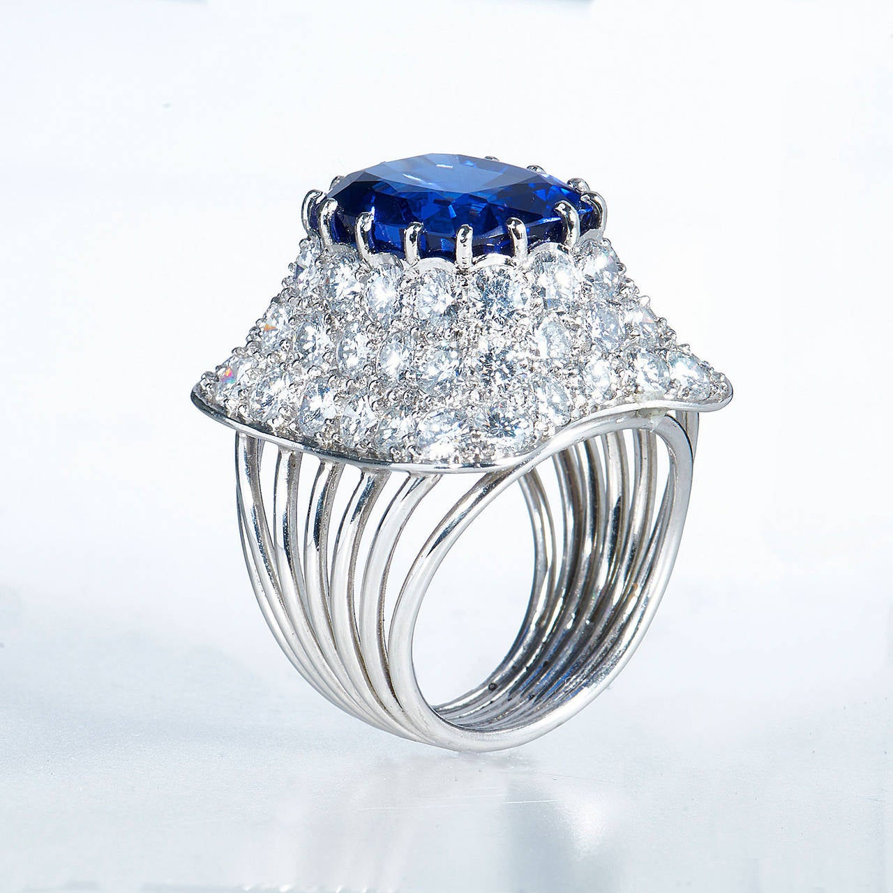 Modern 10.18 carat Cushion Cut Tanzanite Diamond Pave Platinum Ring