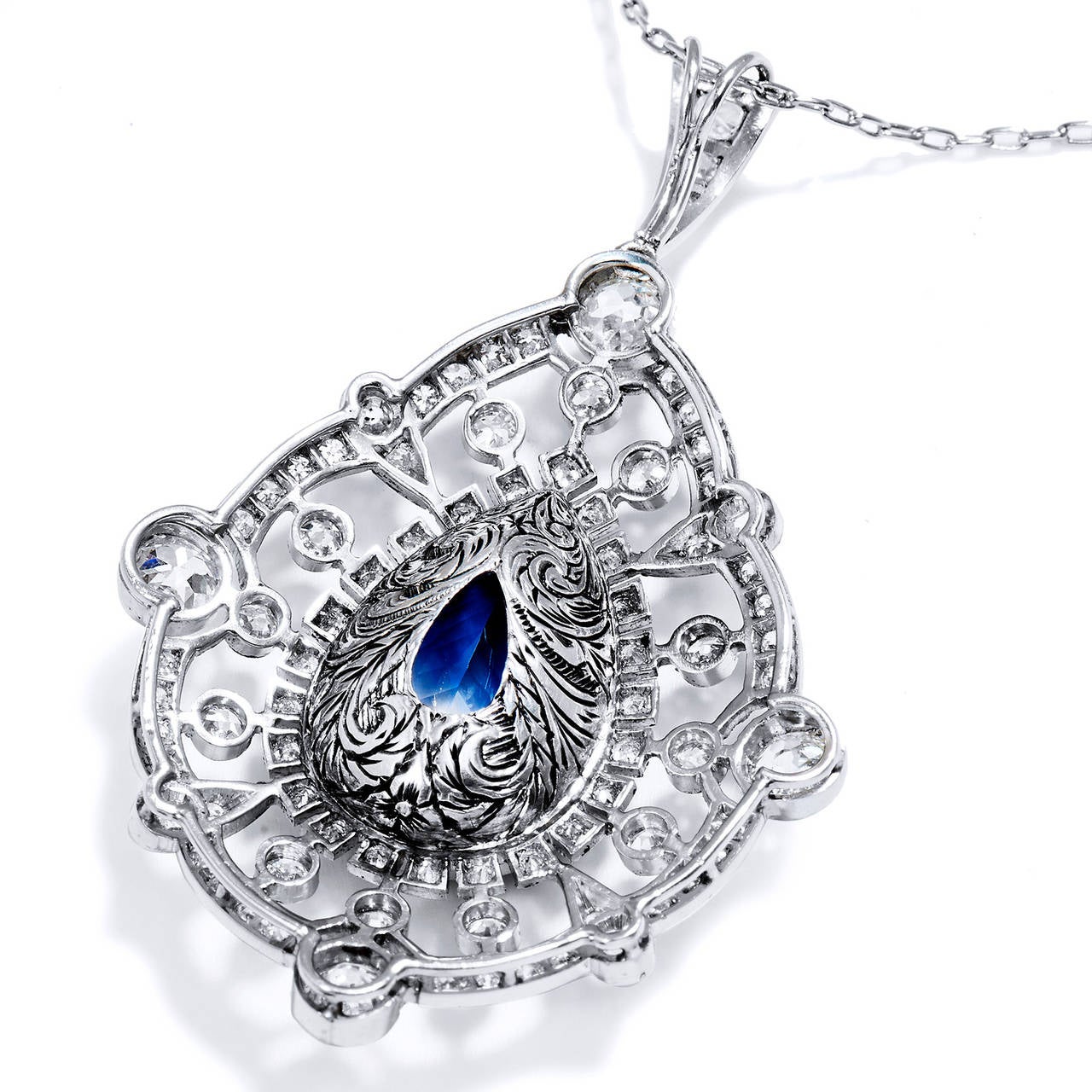 Pear Cut A.G.L. Certified 9.83 Carat Pear Shaped Sapphire & 3 ct Diamond Platinum Pendant For Sale