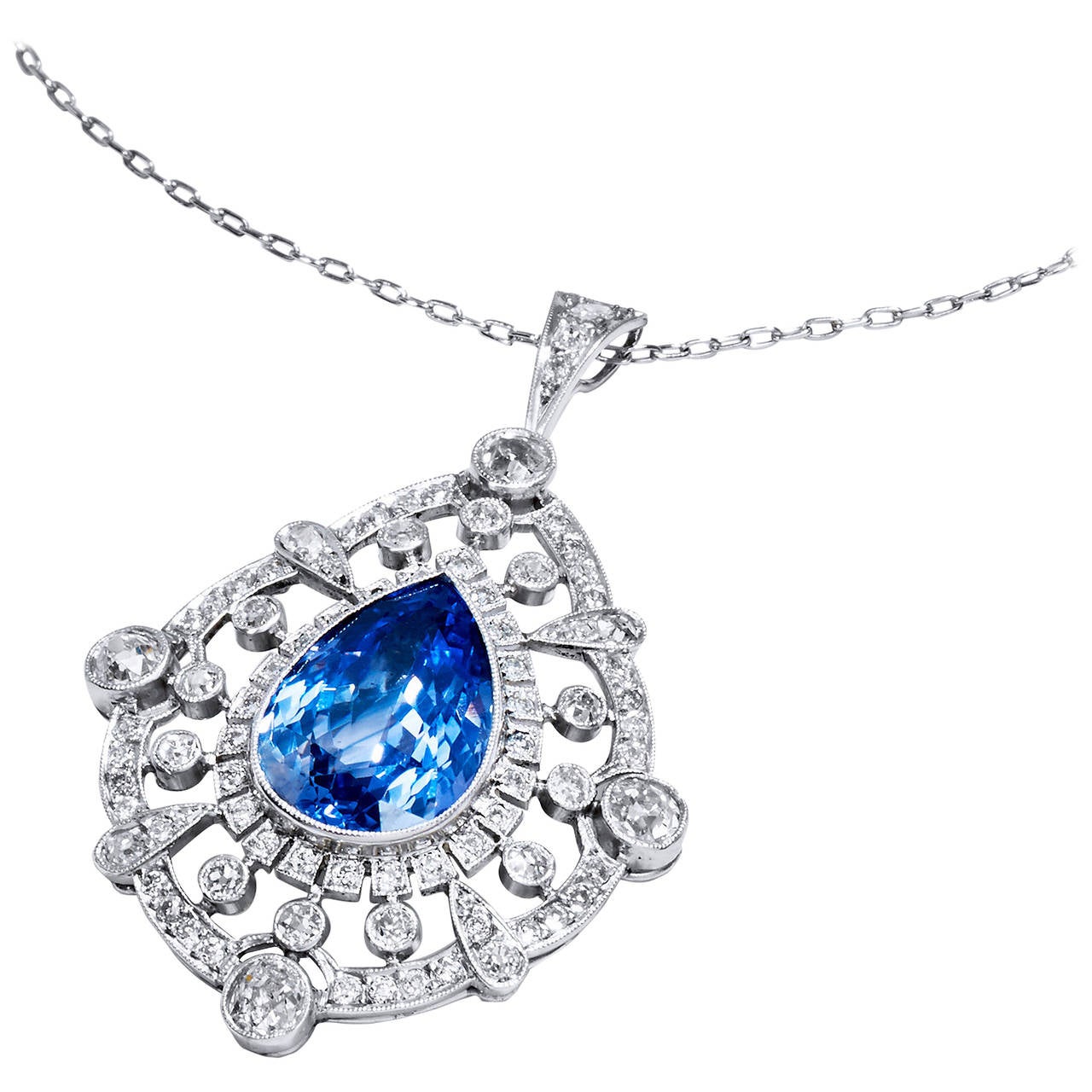 A.G.L. Certified 9.83 Carat Pear Shaped Sapphire & 3 ct Diamond Platinum Pendant