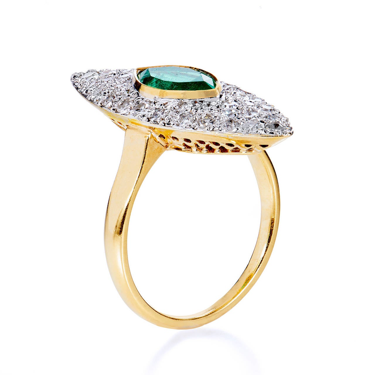 Women's Art Deco Emerald Diamond Gold Cocktail Ring