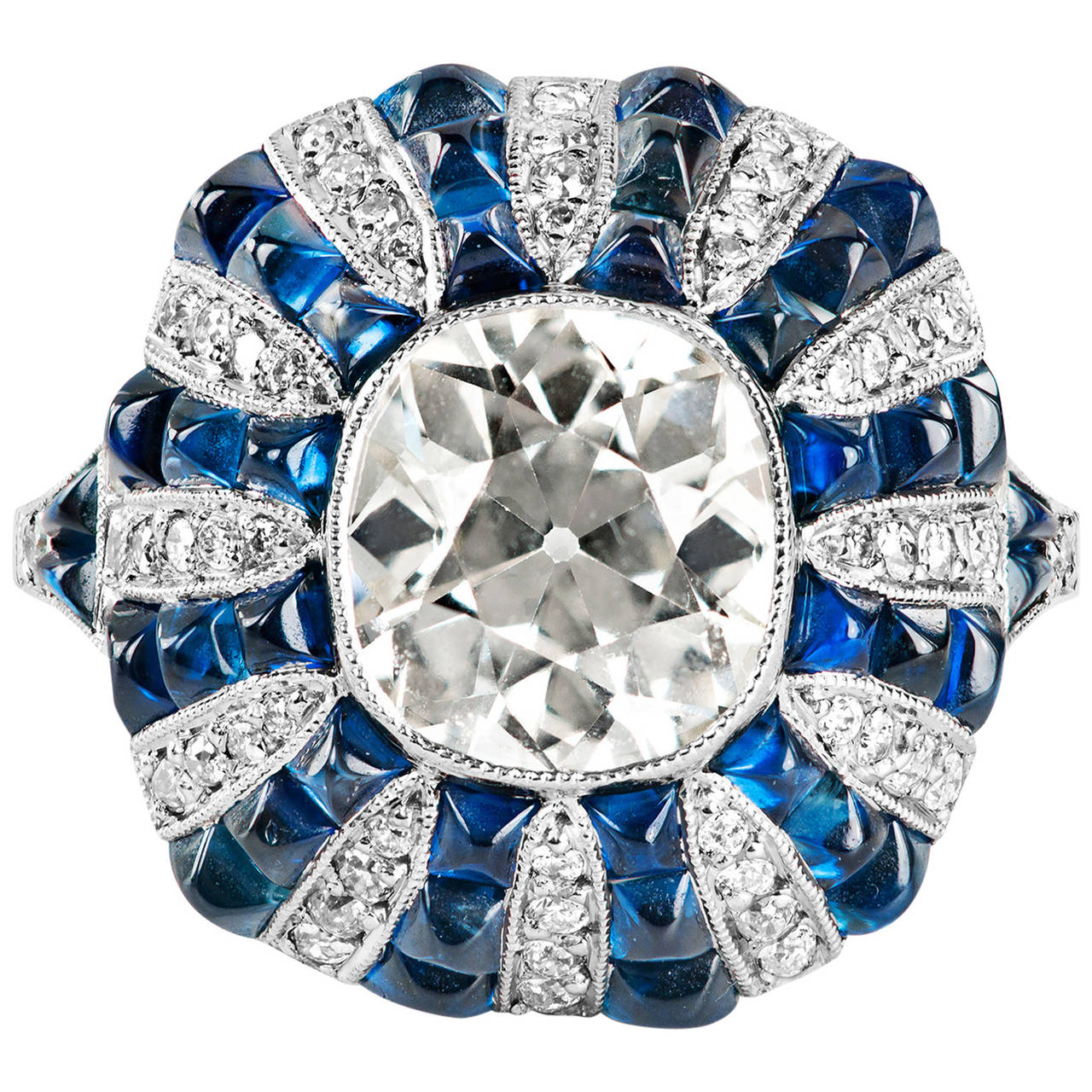 Bague cocktail en platine avec diamants de 2,63 carats et saphirs taille pain de sucre certifiés GIA en vente