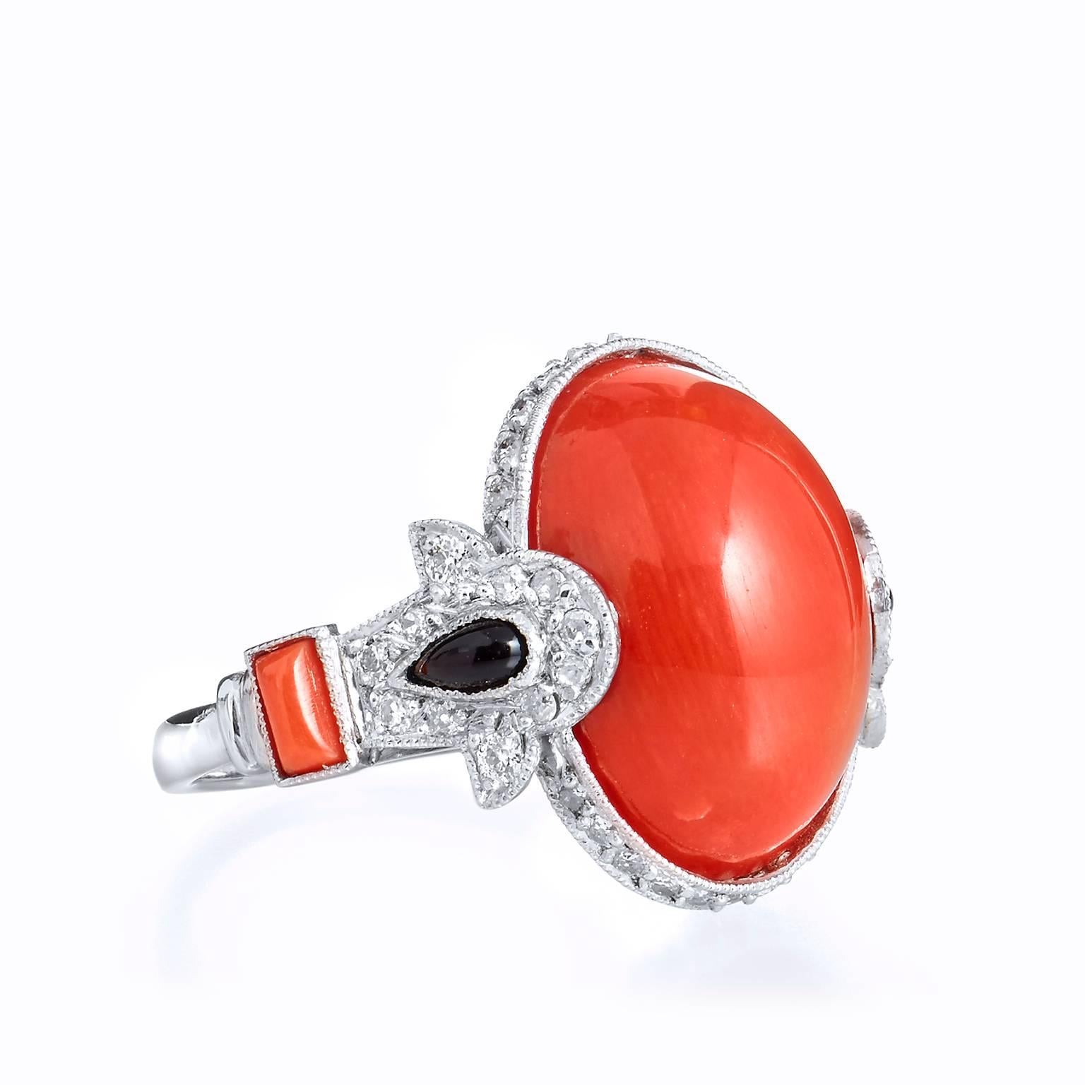 Old European Cut Art Deco Inspired 8.20 Carat Red Coral with Onyx Diamonds Platinum Ring 7