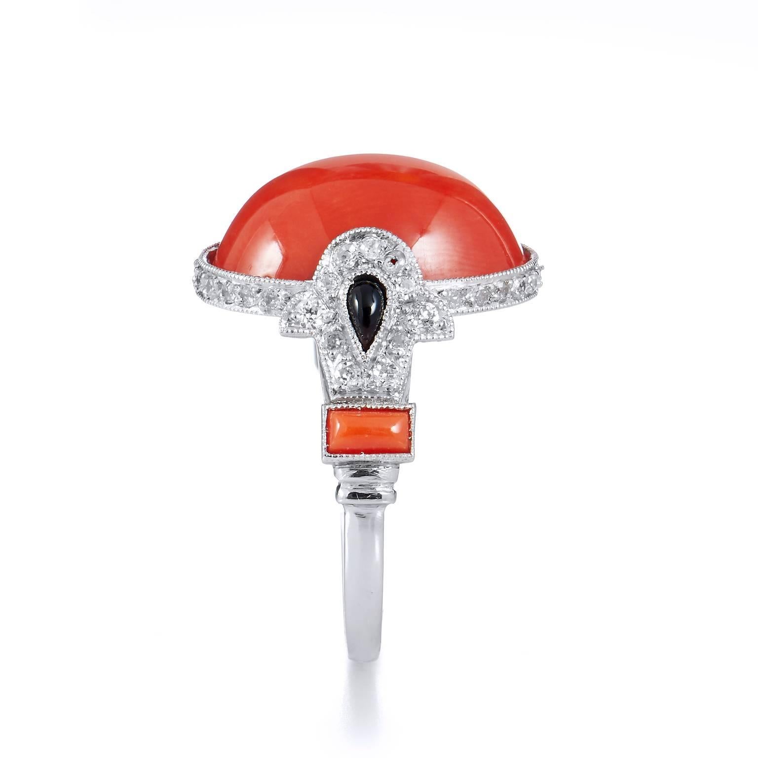 Art Deco Inspired 8.20 Carat Red Coral with Onyx Diamonds Platinum Ring 7 In New Condition In Miami, FL