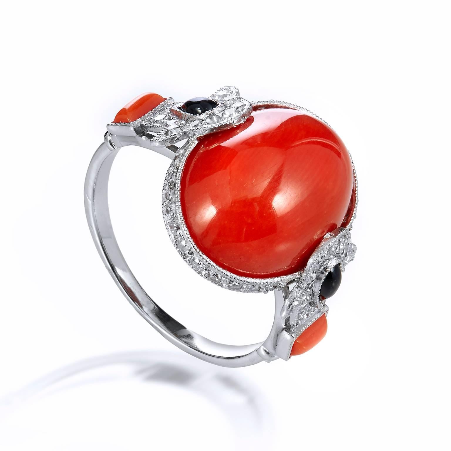 Women's Art Deco Inspired 8.20 Carat Red Coral with Onyx Diamonds Platinum Ring 7