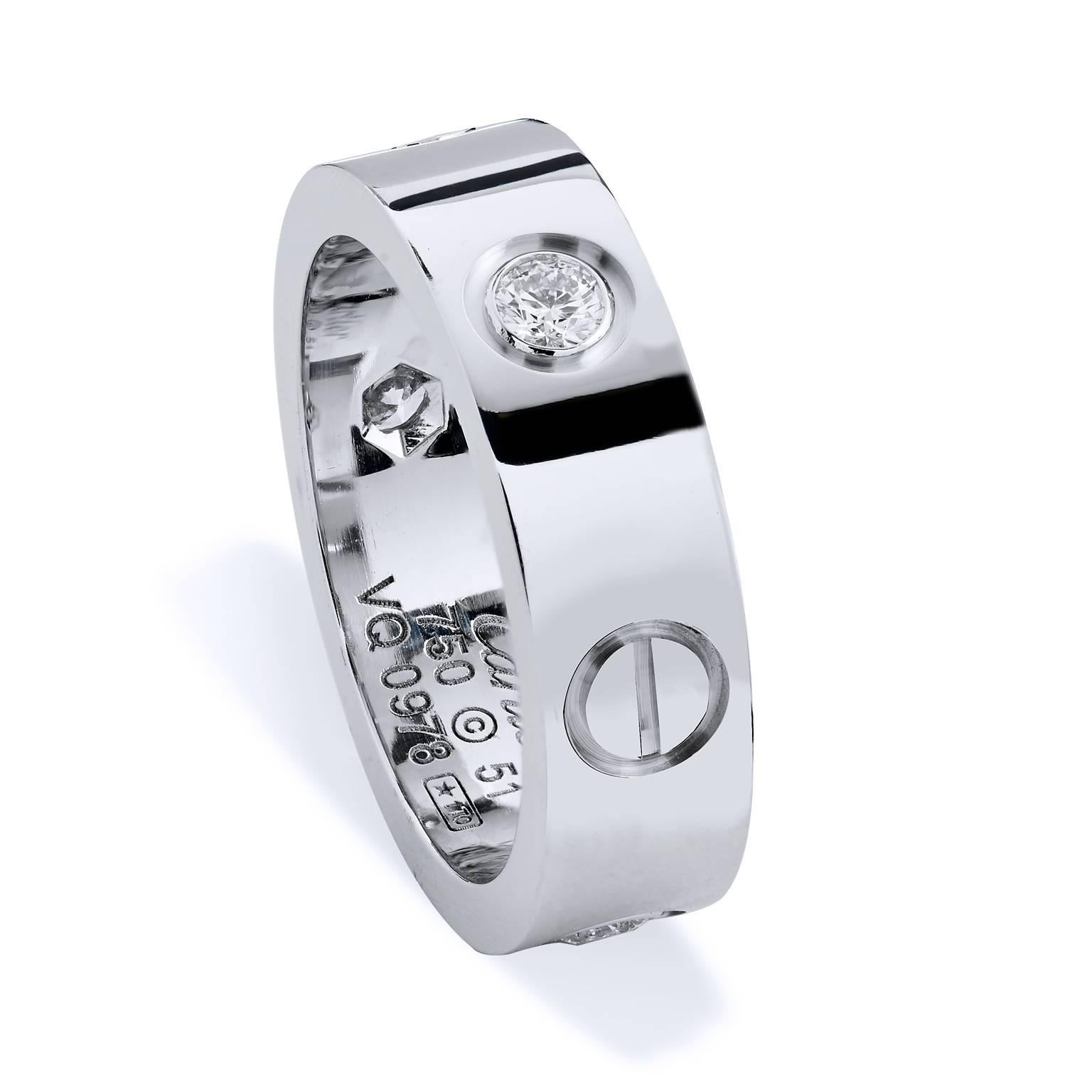 One of Cartier’s most iconic collections, the LOVE collection symbolizes strength and elegance with its screw motifs and diamonds. Crafted in 18kt white gold, the love band hosts .30ct of E graded color and VS graded clarity diamonds. New list