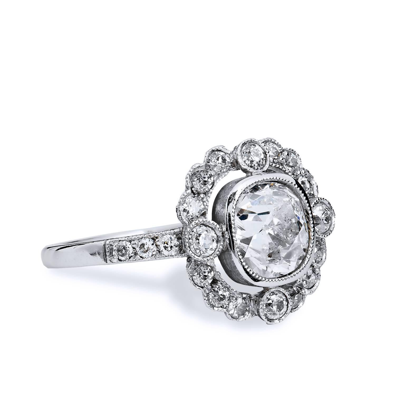 1.39 Carat old mine cut diamond Platinum Engagement Ring In New Condition In Miami, FL