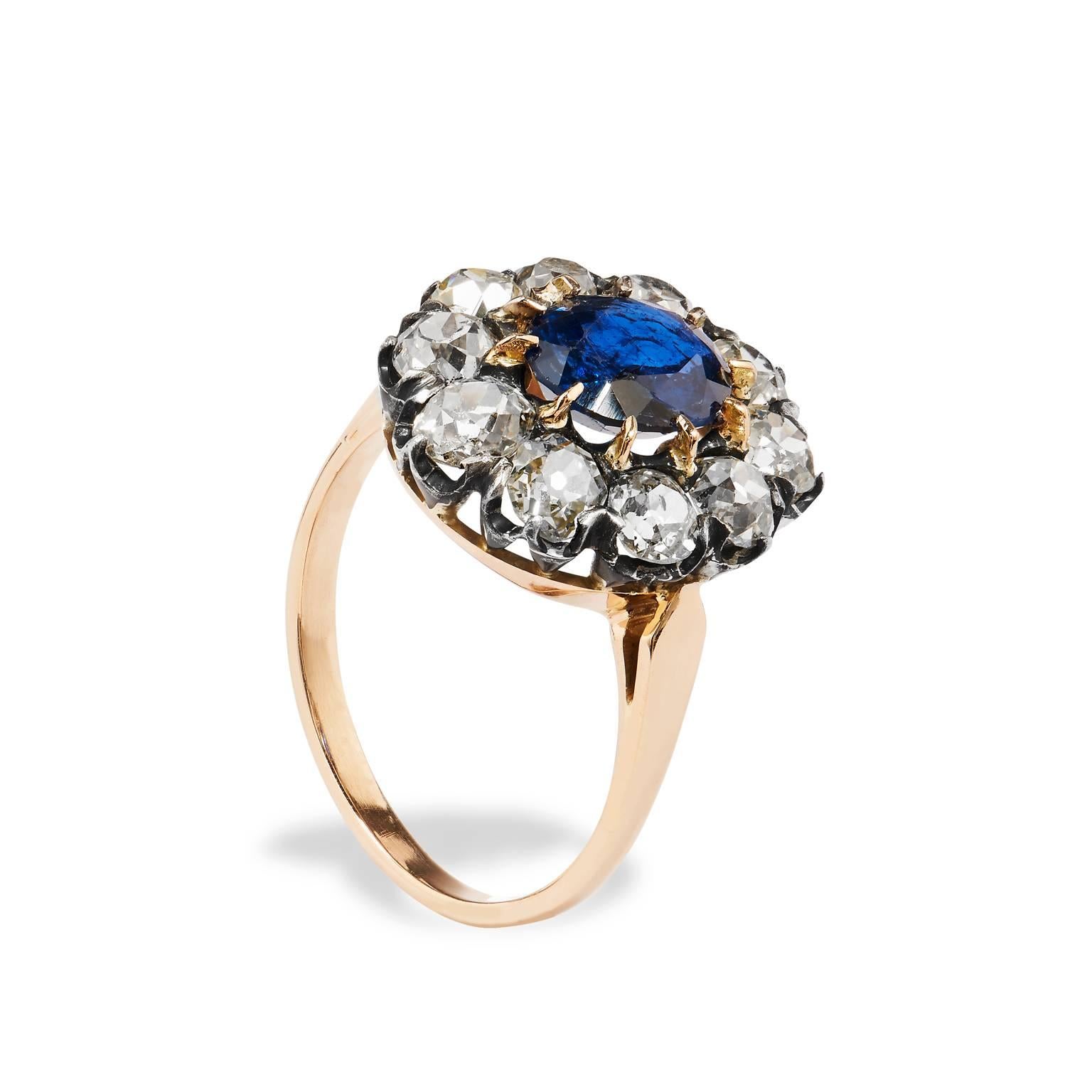 GIA Certified Victorian Inspired Burma No Heat Sapphire and Diamond Ring

Crafted in 18 karat rose gold and silver, this Victorian inspired ring showcases a stunning 1.91 carat no heat, GIA certified Burma Sapphire adorned by 2.59 carats of Old Mine