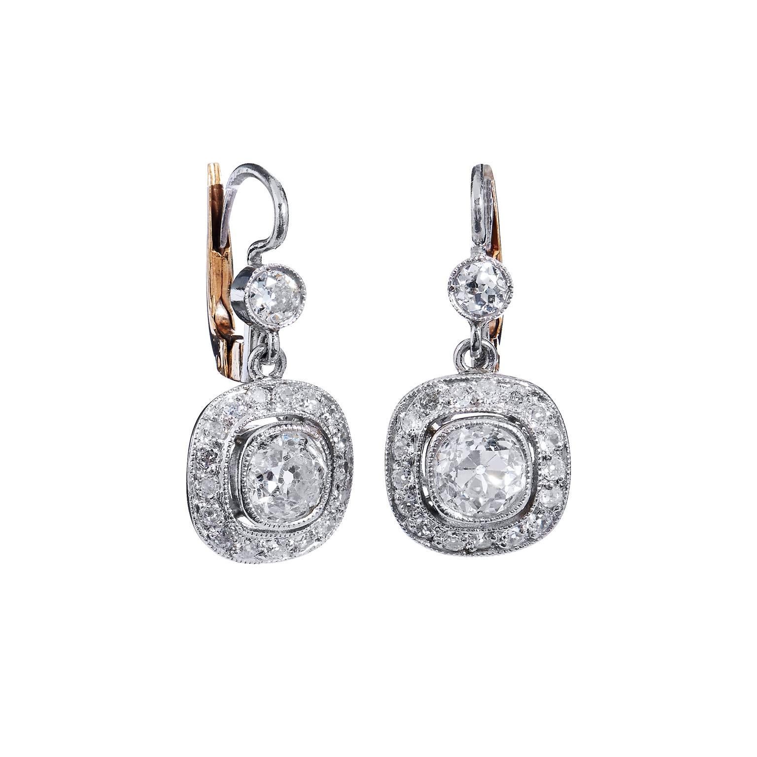 Art Deco Platinum and 18kt Gold 1.96ct Diamond Earrings