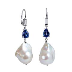 Handmade Fresh Water Baroque Pearl Tanzanite Diamond White Gold Drop Earrings