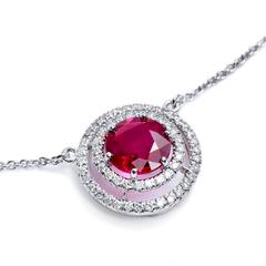 2.27 Carat Burma Ruby Double Diamond Halo Set in 18 Karat Gold Pendant Necklace