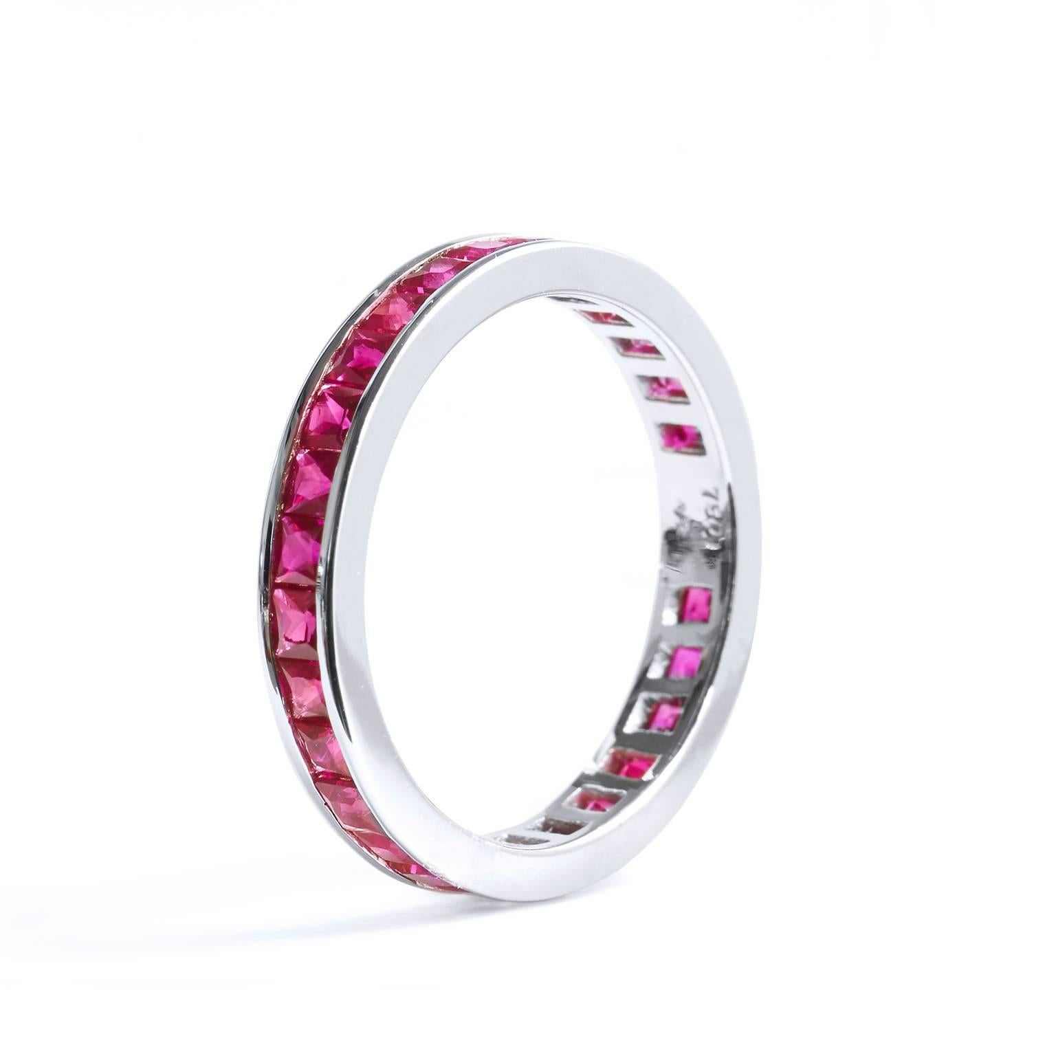 Handcrafted 1.76 carat Ruby Eternity Band Ring in 18 karat White Gold Size 6

Long a symbol of love and immortality, the ruby has been the focus of much myth throughout centuries and thought to bless it’s beholder with affection within the heart.