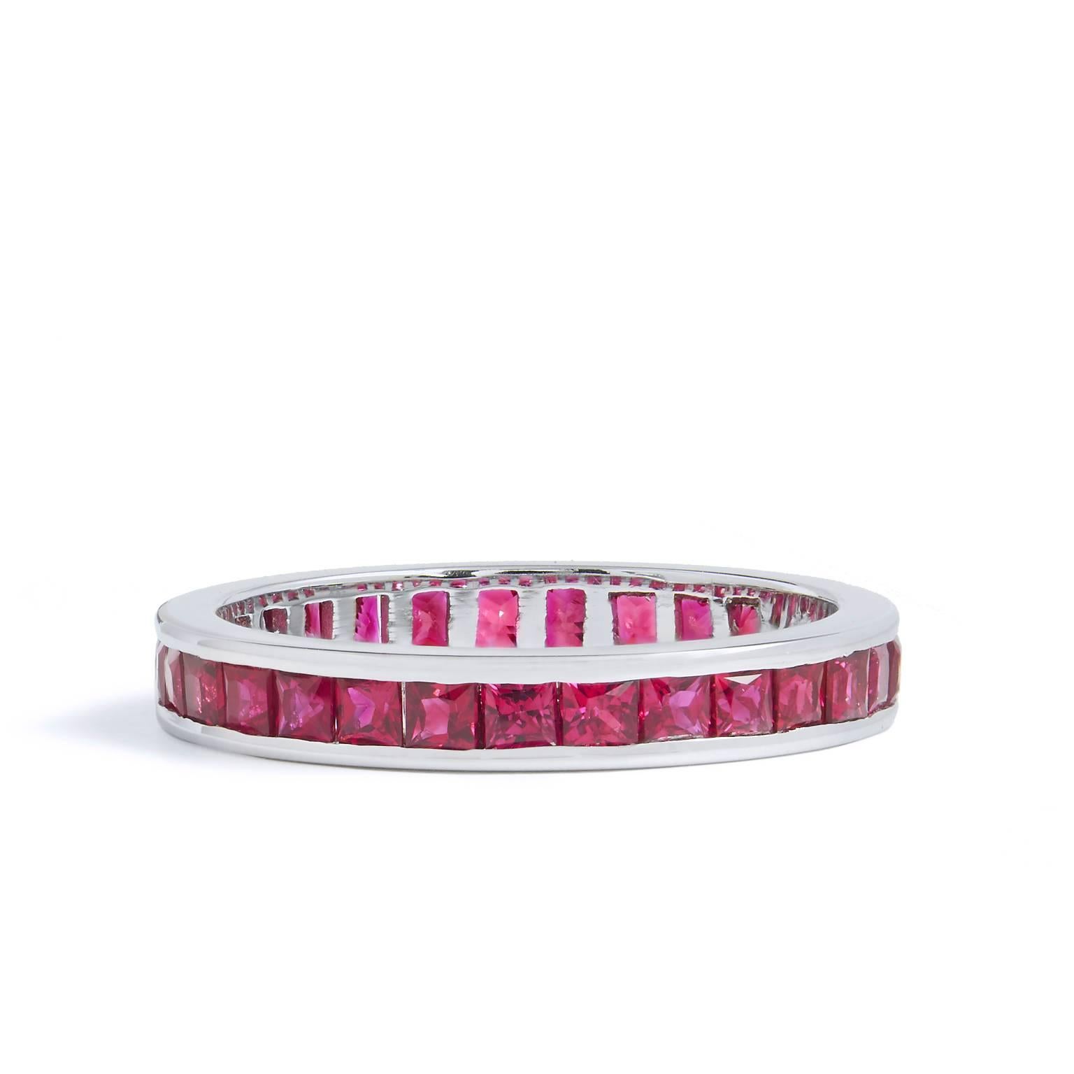 Modern Handcrafted 1.76 Carat Ruby Eternity Band Ring in 18 Karat White Gold