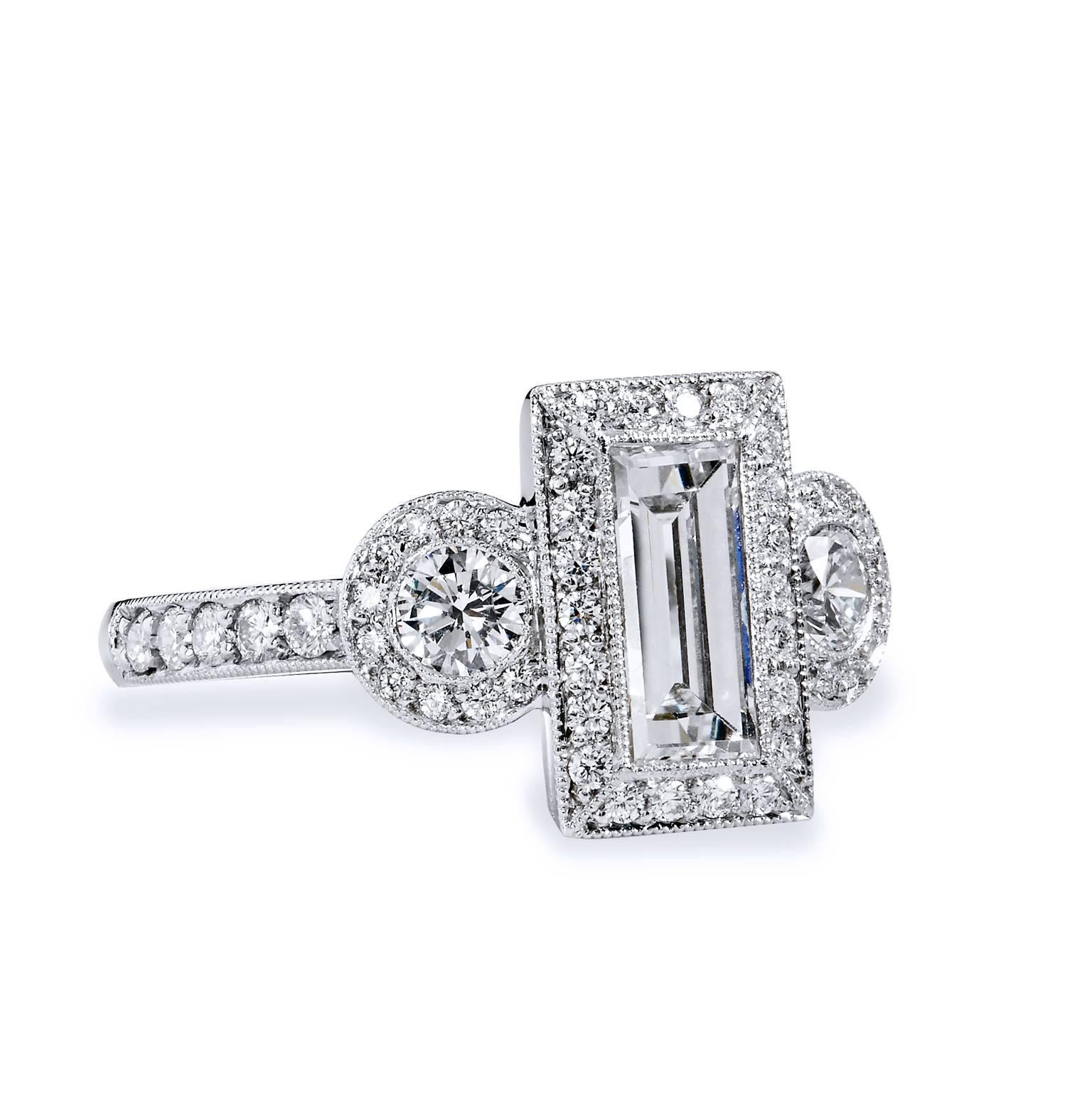 1.12 Carat GIA Cert Emerald Cut and Round Diamond Platinum Three Stone Ring In New Condition In Miami, FL