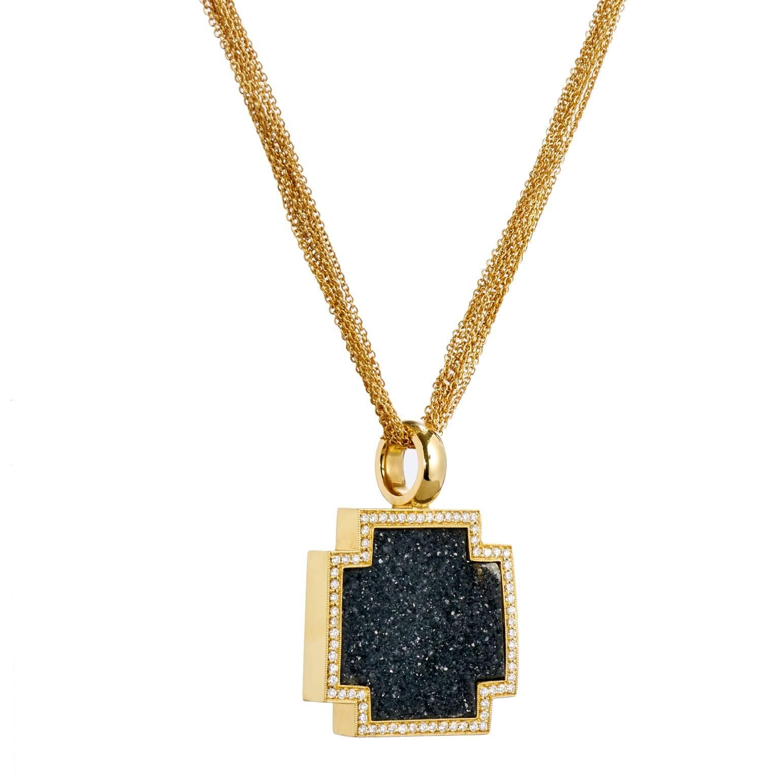 Crafted in 18kt yellow gold, this pendant features a gorgeous piece of black agate druzy surrounded by .76ct of G/H VS graded diamond pave.  This is a handmade, one-of-kind design by H&H.