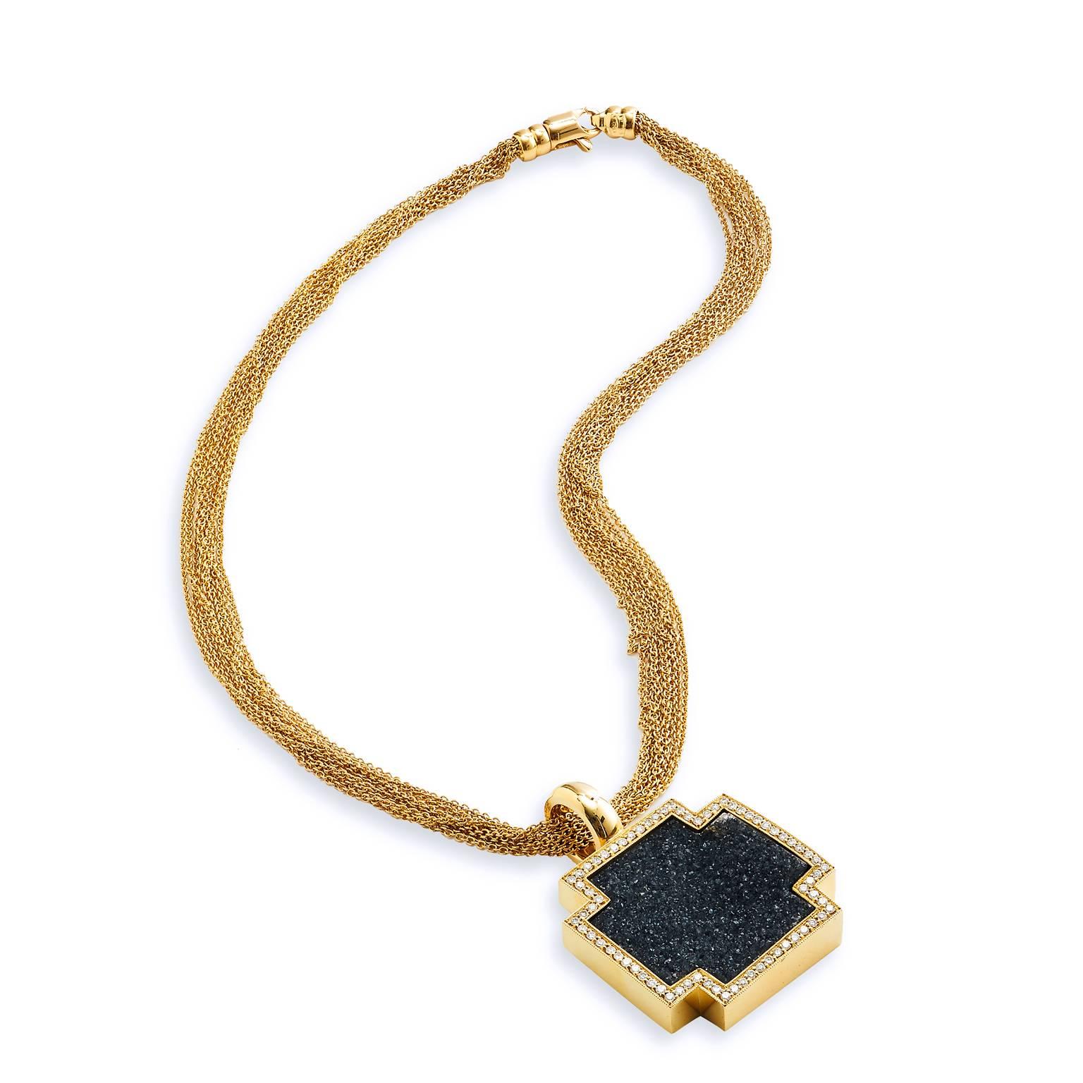 Black Agate Druzy Diamond Gold Pendant  In New Condition In Miami, FL