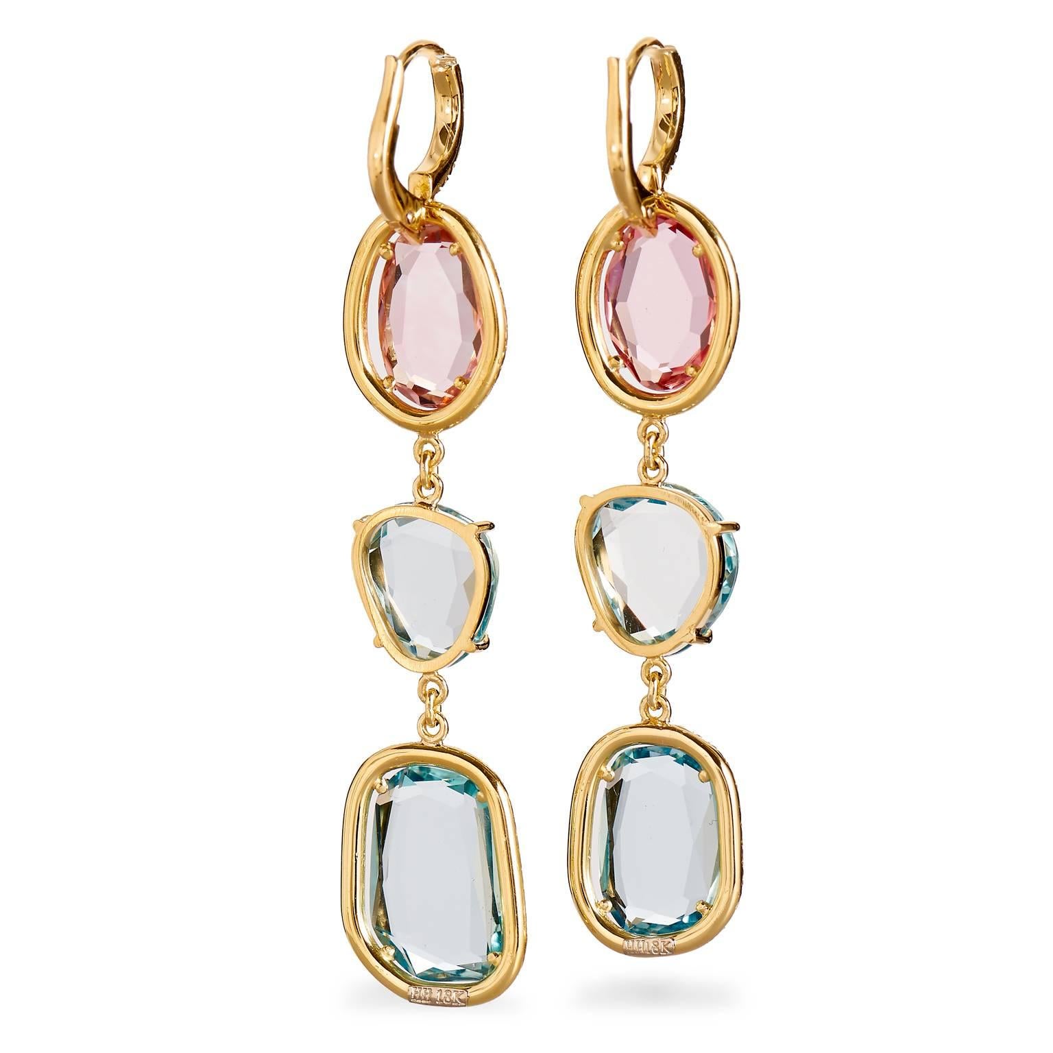 17.02 Carat Aquamarine Pink Tourmaline Slices Diamond Gold Drop Earrings

Handmade and one of a kind by H&H Jewels, these stunning earrings are created in 18 karat yellow gold.  This set of drop earrings displays a divine fluid and feminine design.