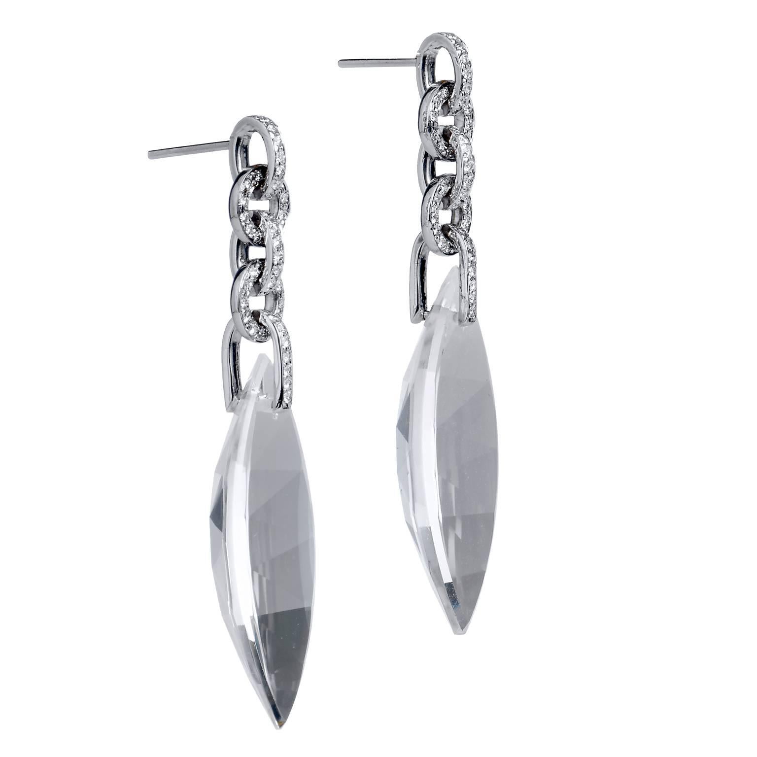 Modern Samuel Getz Natural Quartz Diamond 18 Karat White Gold Drop Earrings