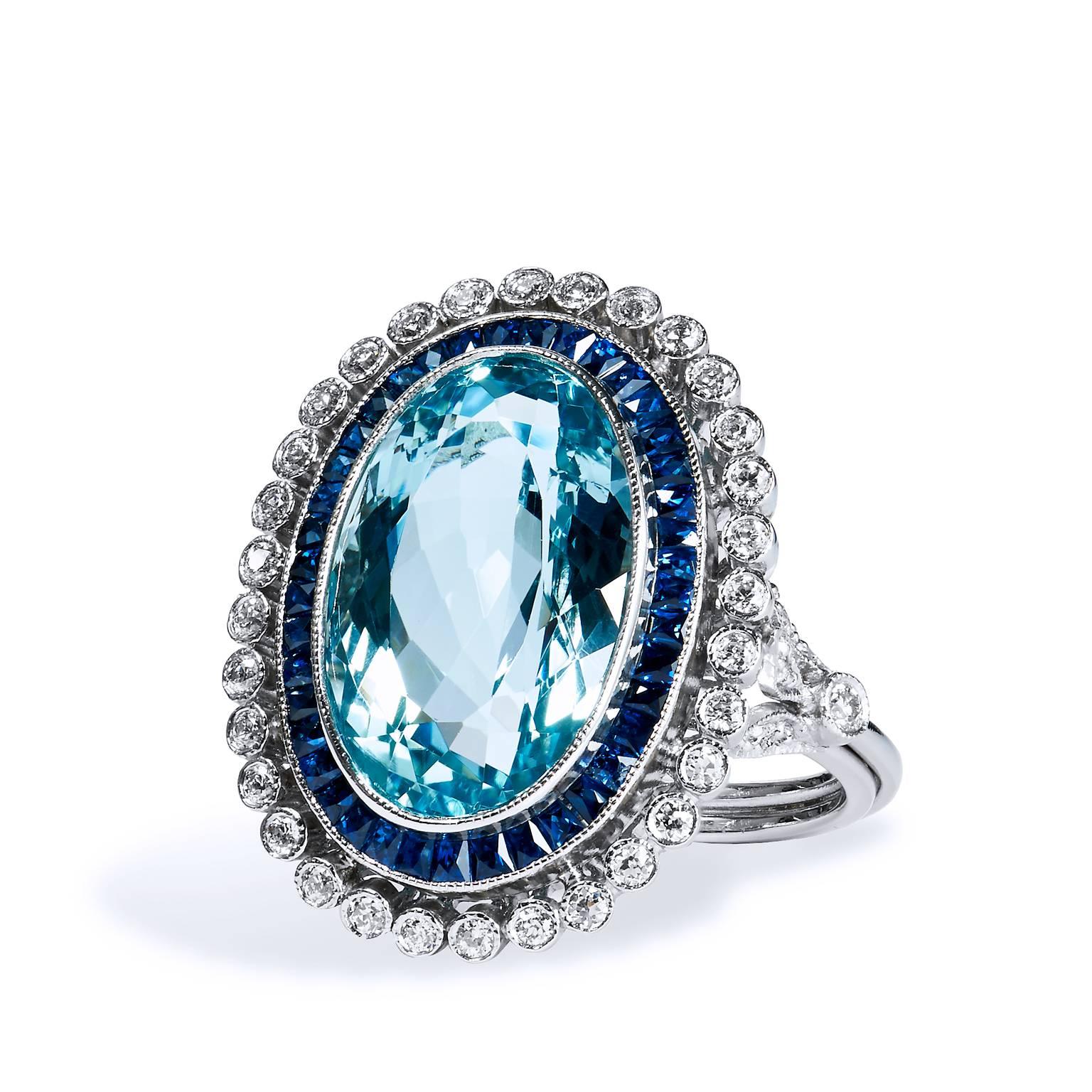 This Art Deco Inspired 10.54 Carat Aquamarine & Diamond Platinum Cocktail Ring 7.25 has a GIA Certification.

The birth stone of March, the Aquamarine is one of the most lustrous gemstones for its sea toned hues. Although loved for its glass-like