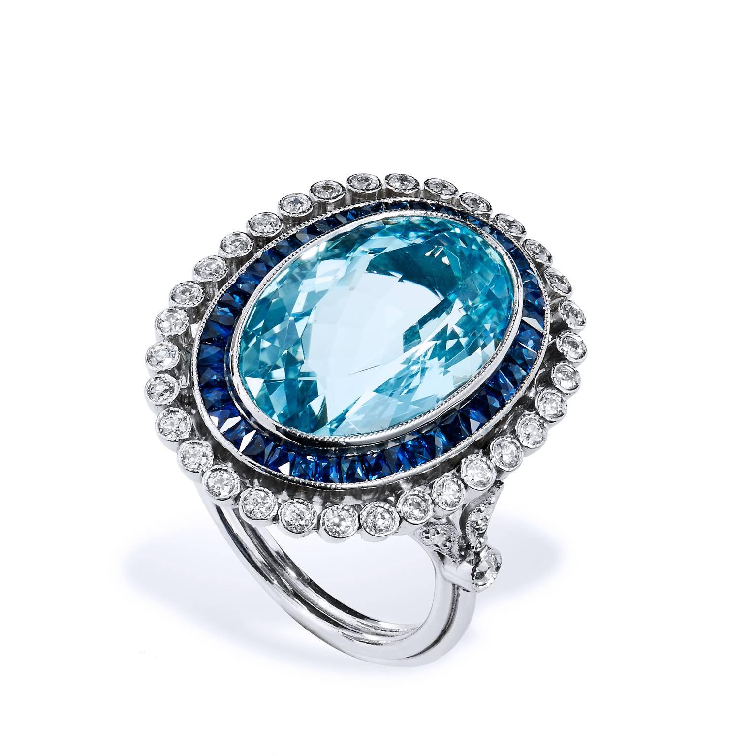 Oval Cut GIA Cert Art Deco Inspired 10.54 Carat Aquamarine Diamond Platinum Ring 7.25