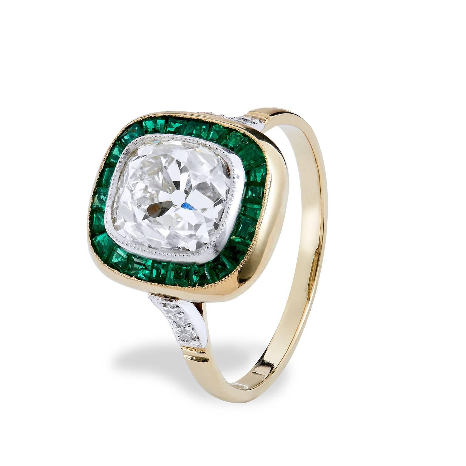 Art Deco  2.49 Carat Old Mine Cut Diamond and Emerald Ring
