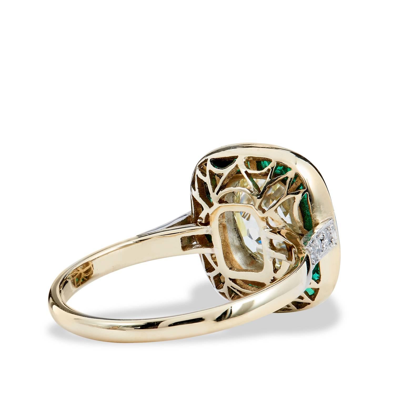 Women's  2.49 Carat Old Mine Cut Diamond and Emerald Ring