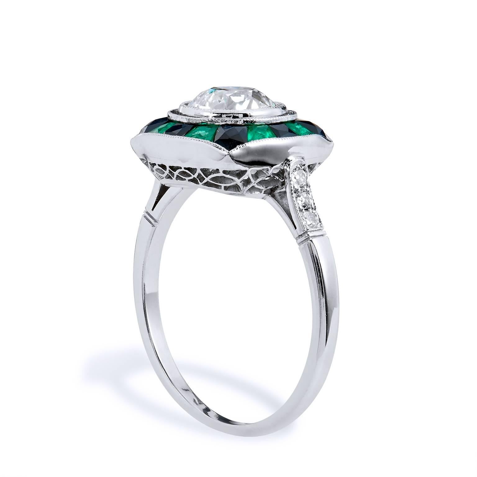 Old European Cut Diamond Black Onyx Emerald Platinum Ring  In New Condition In Miami, FL