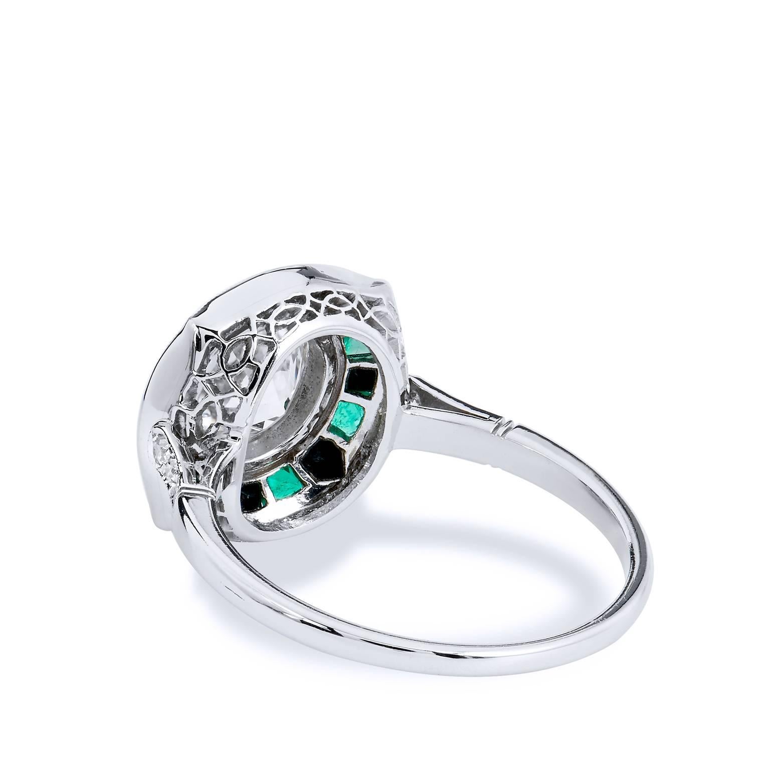 Women's or Men's  Old European Cut Diamond Black Onyx Emerald Platinum Ring 