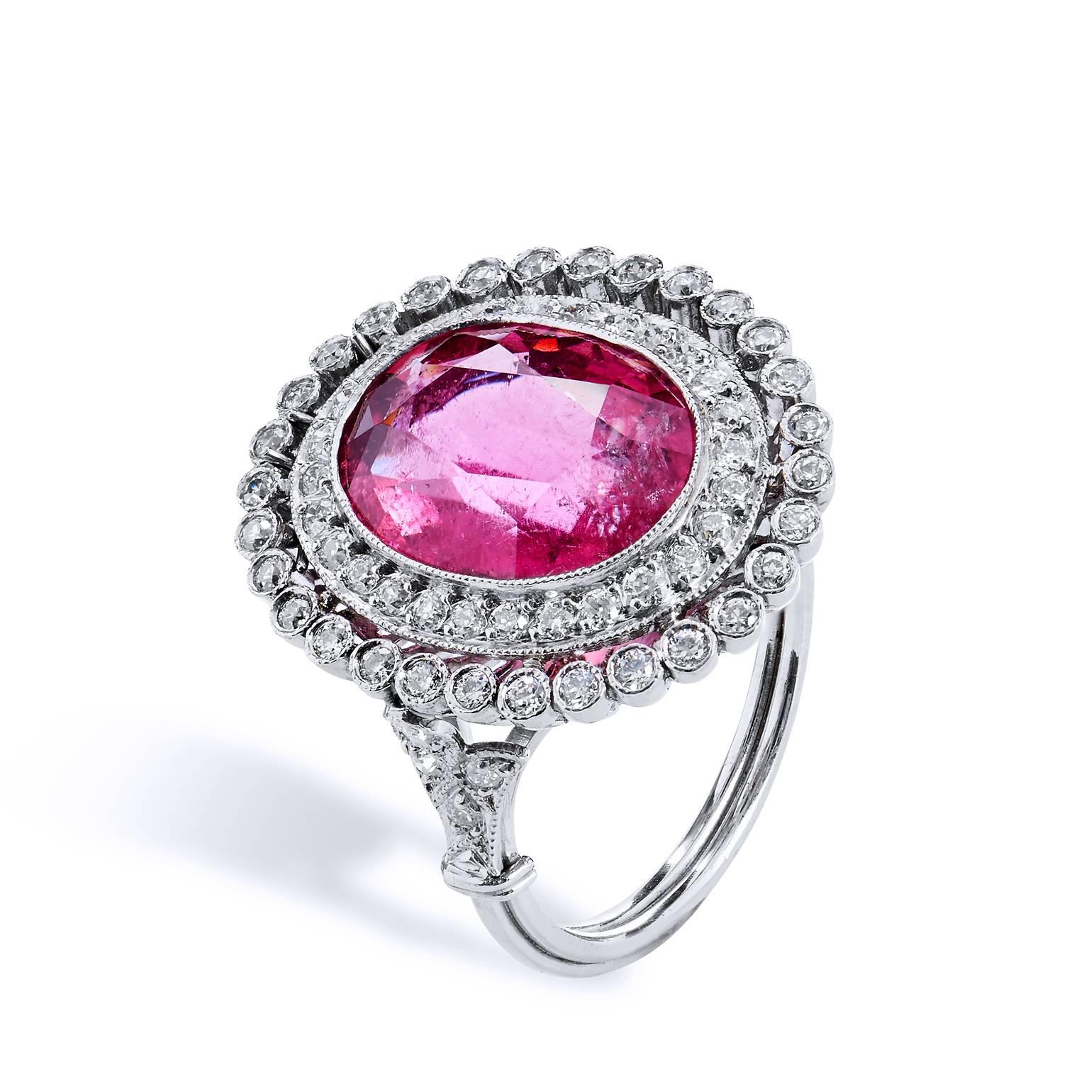 Old European Cut Art Deco Inspired 5.96 Carat Pink Tourmaline and Diamond Halo Platinum Ring 7.5 For Sale