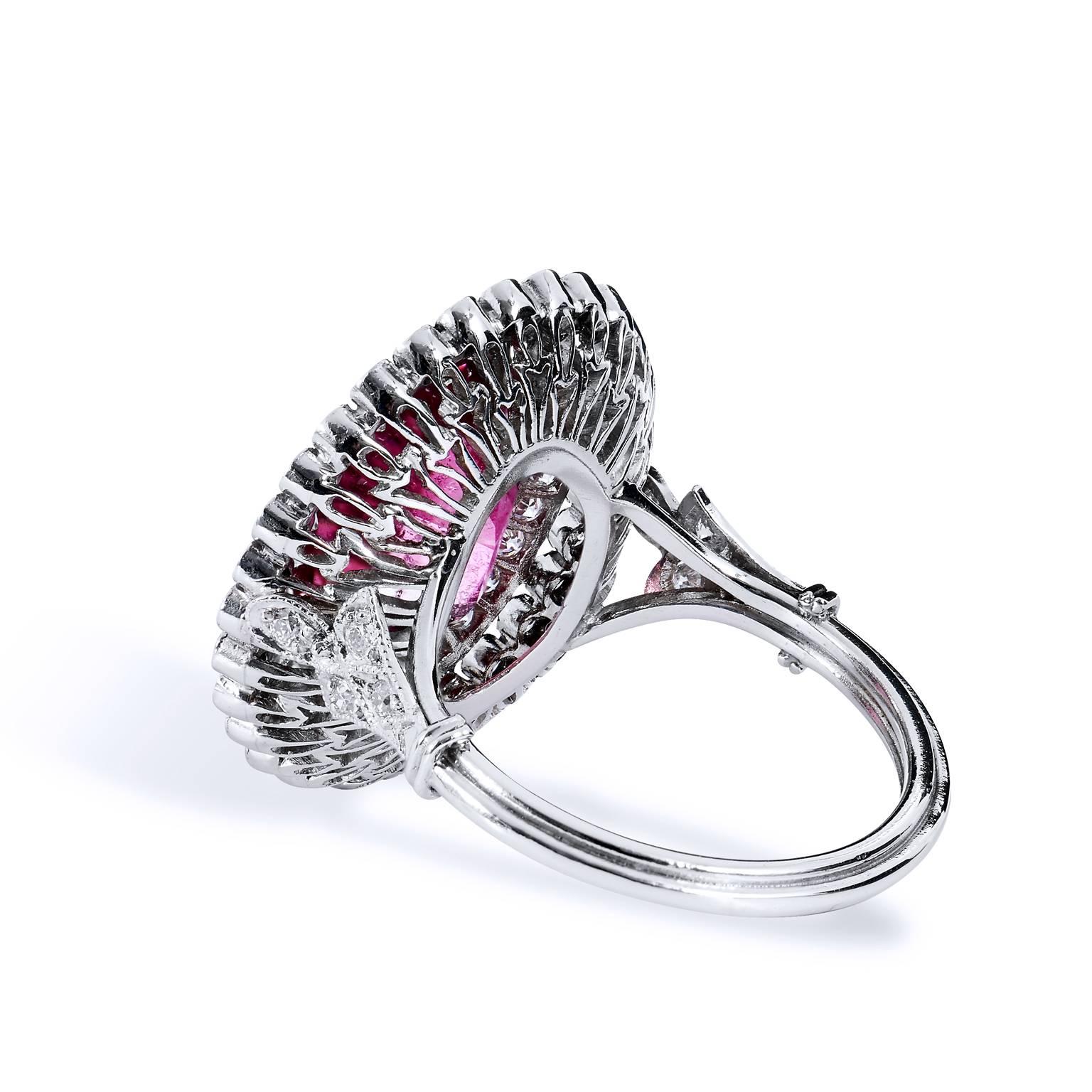 Women's Art Deco Inspired 5.96 Carat Pink Tourmaline and Diamond Halo Platinum Ring 7.5 For Sale