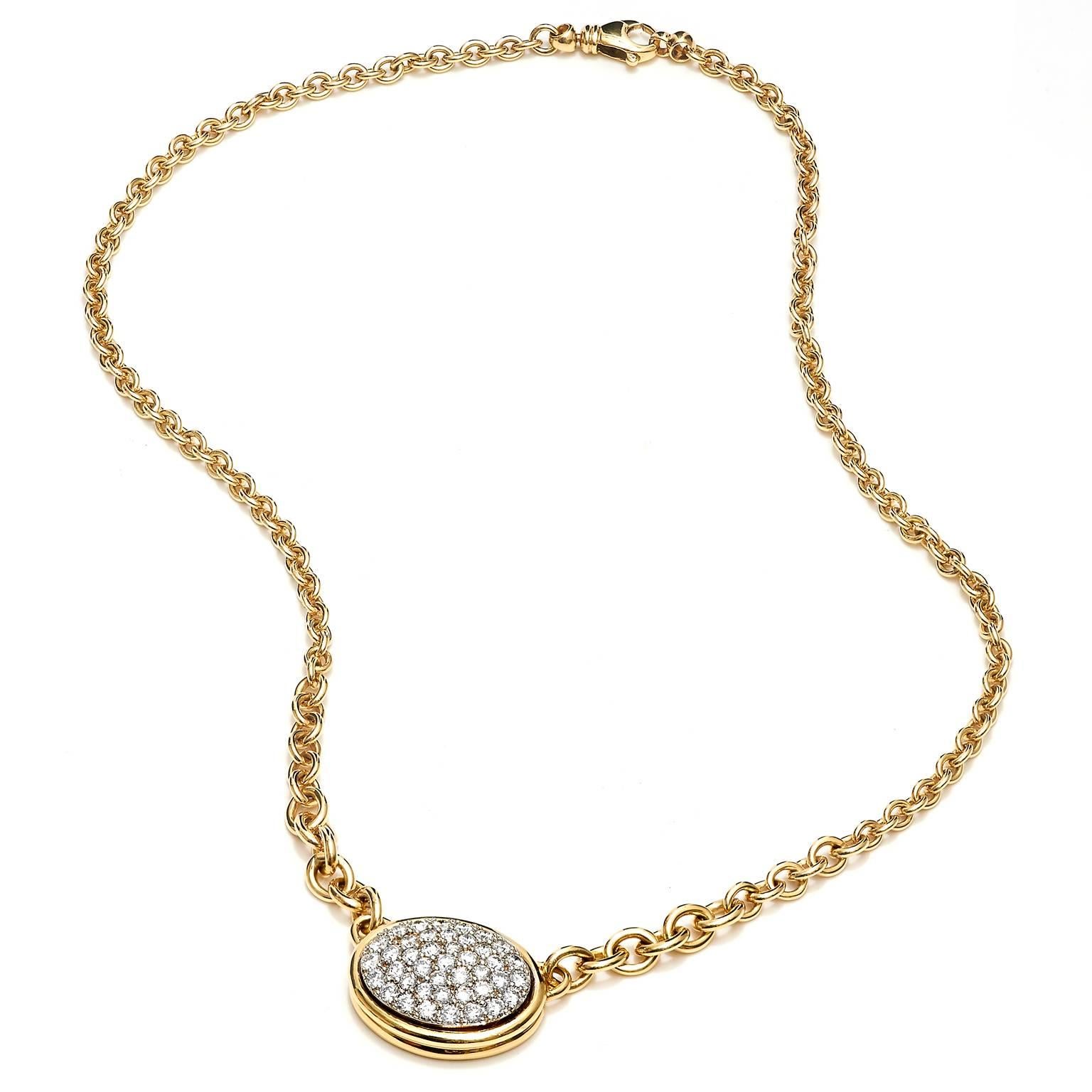 Round Cut 1.99 Carat of Diamonds Set in 14 Karat Gold Oval Shaped Pave Necklace For Sale